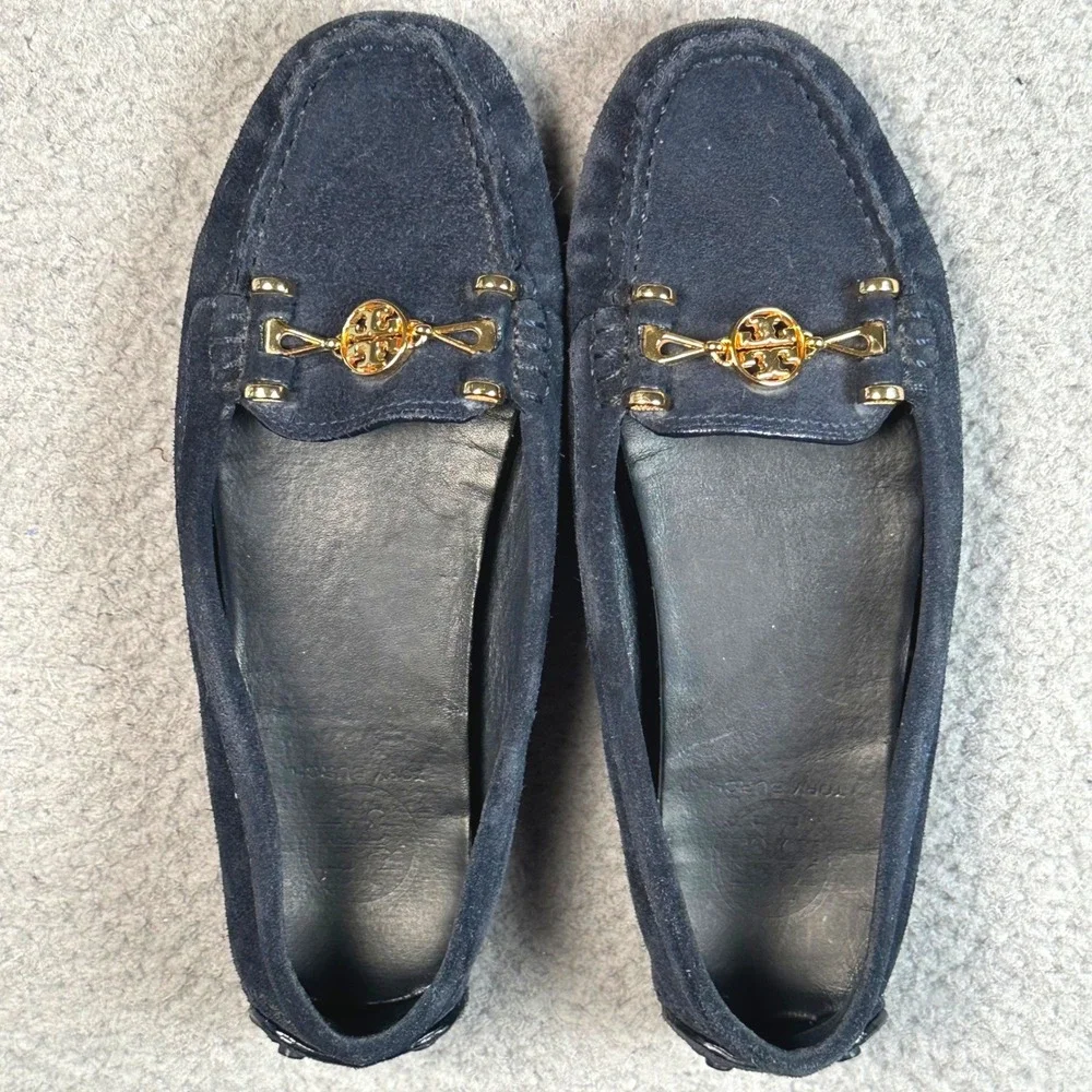 Tory Burch Driving Loafers Women's 7M Navy Suede Gold Logo Moccasin Flats